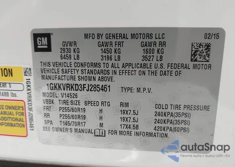 2015 GMC Acadia Slt-1 z USA, uszkodzony, nr VIN 1GKKVRKD3FJ285461